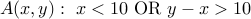  A(x,y): x < 10  mbox{OR} y - x > 10 