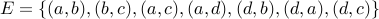 E = {(a,b), (b,c), (a,c), (a,d), (d,b), (d,a), (d,c) }