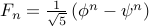  F_n = frac{1}{sqrt{5}}left( phi^n - psi^n right) 