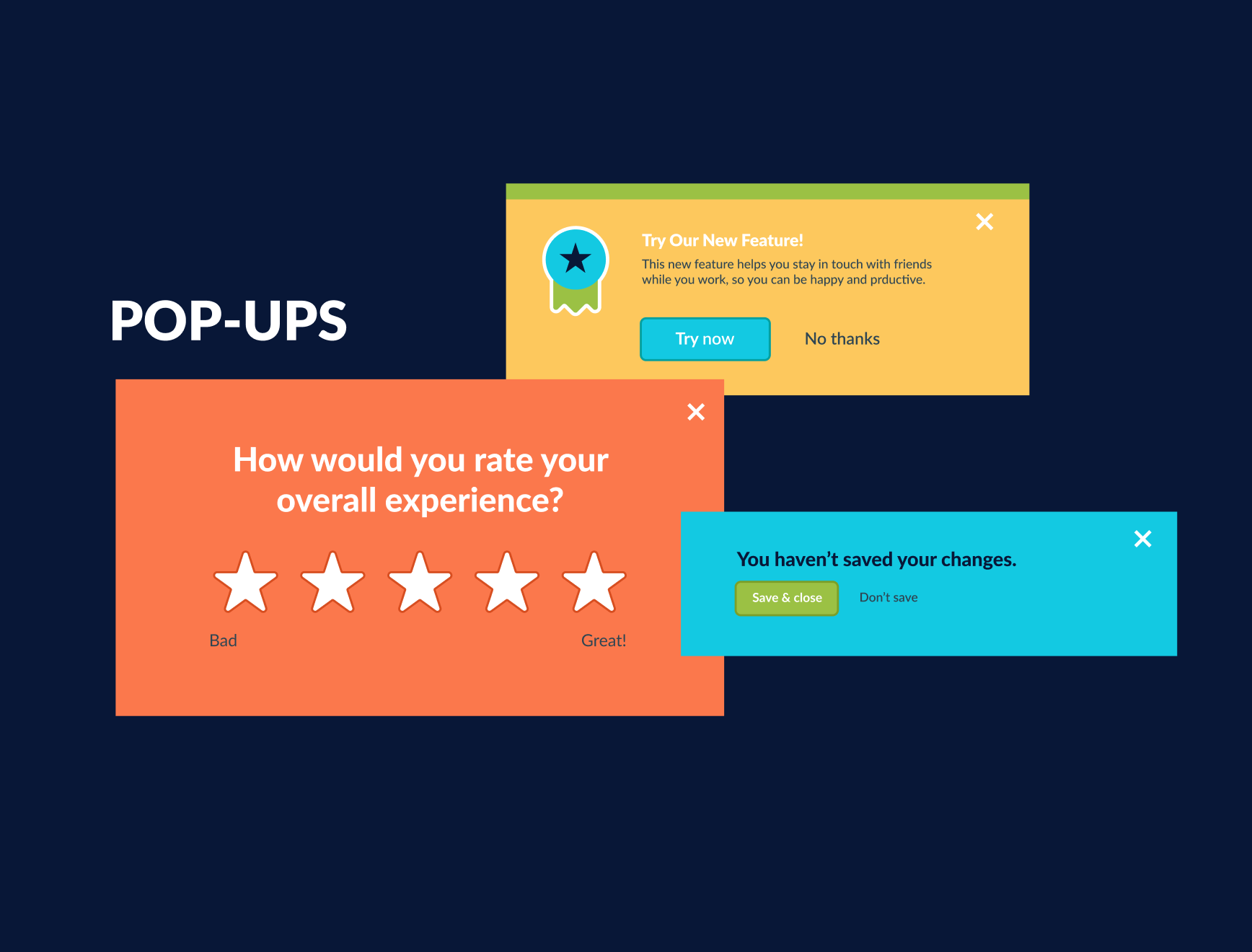Image of different types of pop-ups, from ratings to alerts.