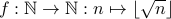 f:mathbb{N}tomathbb{N}: nmapsto lfloor sqrt{n} rfloor