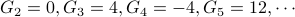  G_2 = 0, G_3 = 4, G_4 = -4, G_5 = 12, cdots 