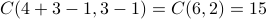 C(4+3-1, 3-1)=C(6,2)=15