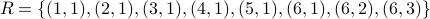  R = { (1,1), (2,1), (3,1), (4,1), (5,1), (6,1), (6,2), (6,3) } 