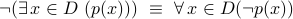 neg(exists, xin D  (p(x)))  equiv   forall, xin D ( neg p(x) )