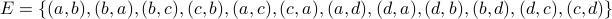 E = {(a,b), (b,a), (b,c), (c,b), (a,c), (c,a),(a,d),(d,a), (d,b), (b,d), (d,c),(c,d) }